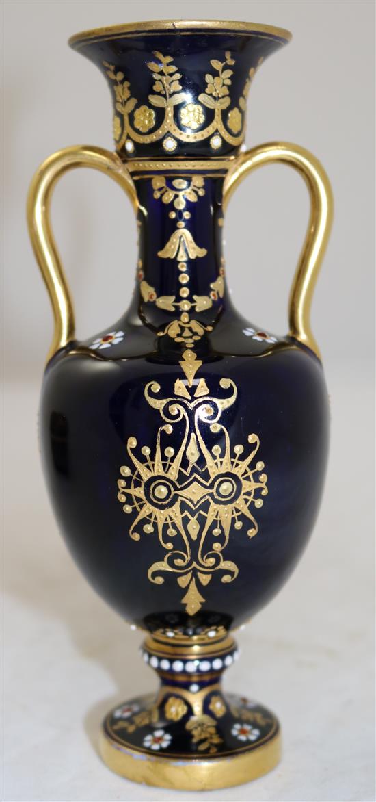 A Coalport jewelled twin handled vase and a heart shaped box and cover, late 19th century, vase 16cm, restored